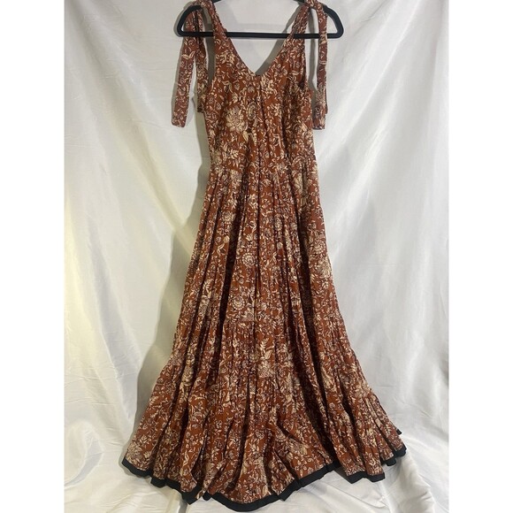Free People Kika Dress Woman's XS Rust Tan Floral Black Hem Trim Tiered Cotton - Picture 8 of 8